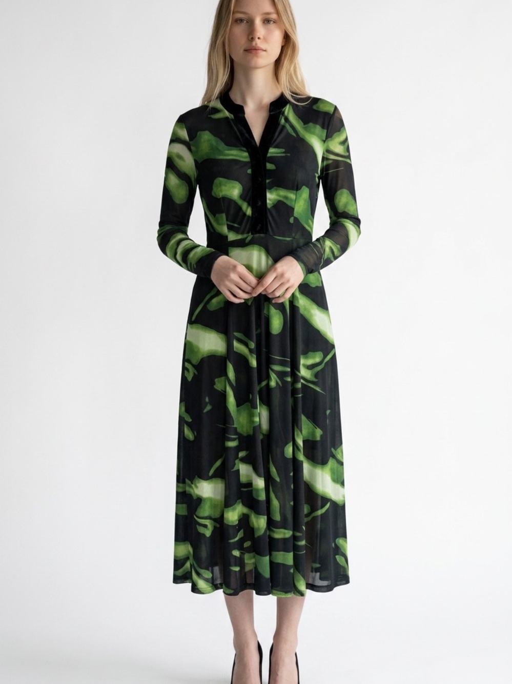Eterna Los Angeles Long Sleeve Black Mesh Green Printed Midi Dress Medium NWT